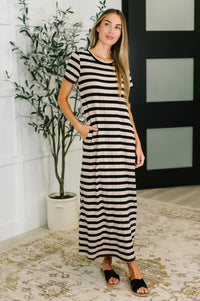 PREORDER: Cap Sleeve Maxi Dress in Black and Tan Stripe