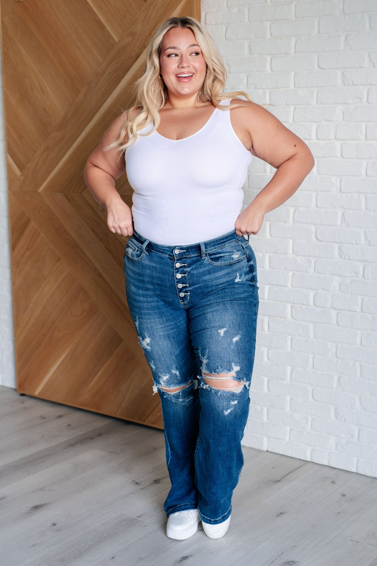 JUDY BLUE Gabriella Mid Rise Distressed Button Fly Flare