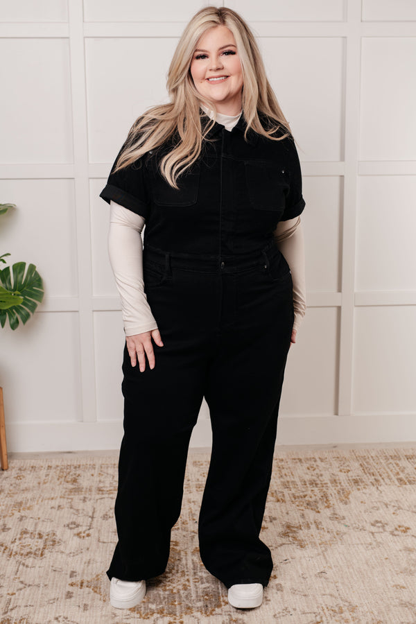 JUDY BLUE  Tilda Short Sleeve Control Top Denim Jumpsuit
