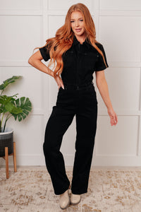 JUDY BLUE  Tilda Short Sleeve Control Top Denim Jumpsuit