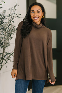 Travel Destination Cowl Neck Pullover in Chocolate